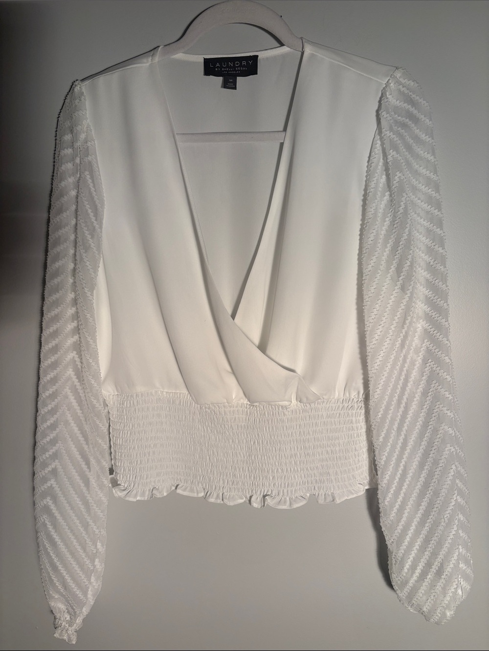 Laundry By Shelli Segal White Surplice Blouse with Sheer Textured Sleeves